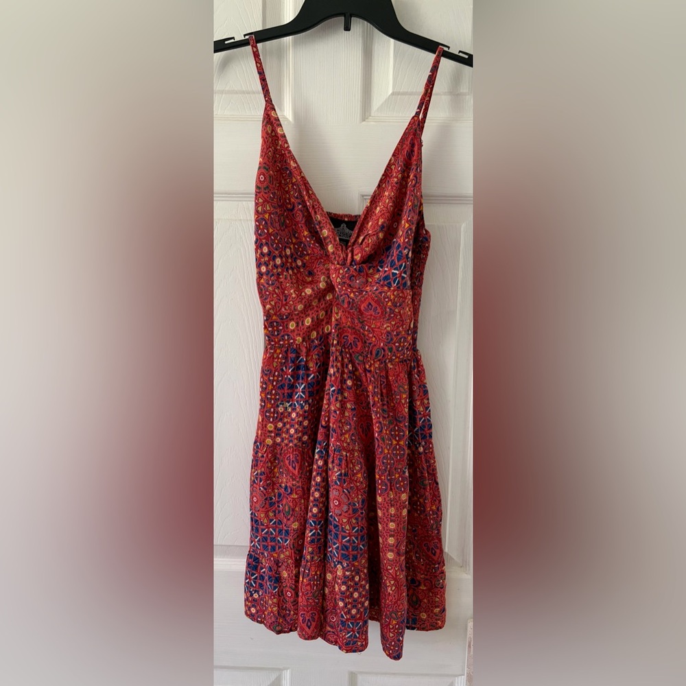 Red Patterned Spaghetti-Strap A-Line Dress